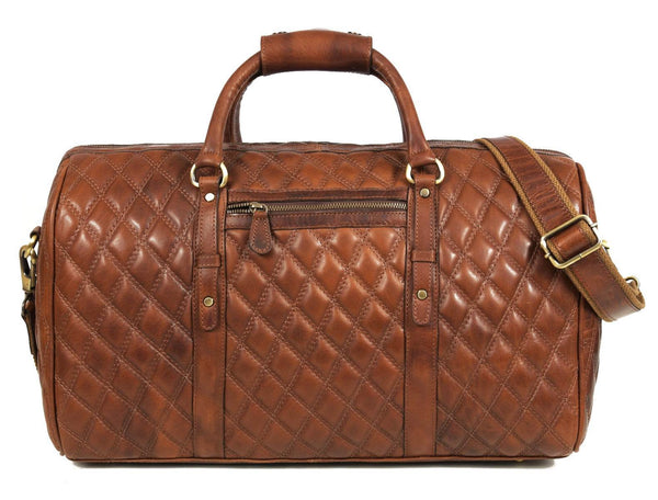 Spokane Diamond Stitched Leather Texture Weekender Bag - Shiny Brown - Aaron Leather Goods