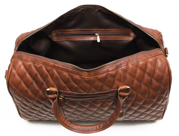 Spokane Diamond Stitched Leather Texture Weekender Bag - Shiny Brown - Aaron Leather Goods