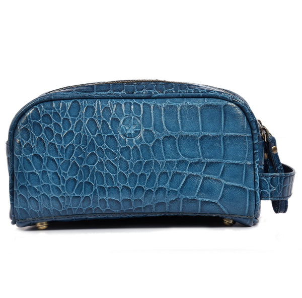 Aubrielle Leather Toiletry Bag - Blue Croco - Aaron Leather Goods
