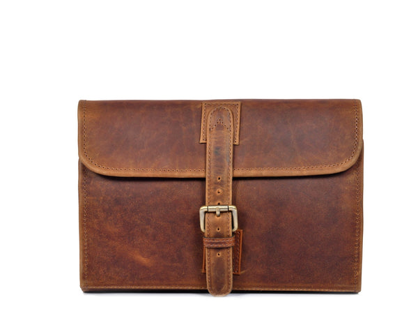 Vintage Brown Leather Toiletry Bag with Hook - Aaron Leather Goods
