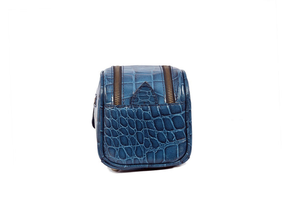 Aubrielle Leather Toiletry Bag - Blue Croco - Aaron Leather Goods