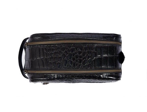 Aubrielle Leather Toiletry Bag - Black Croco - Aaron Leather Goods