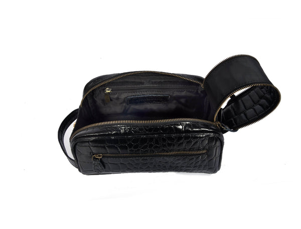 Aubrielle Leather Toiletry Bag - Black Croco - Aaron Leather Goods