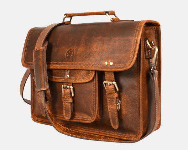 Ancona Leather Office Bag 15" - Caramel Brown - Aaron Leather Goods