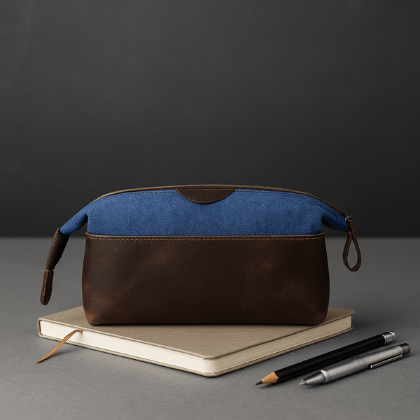 Valencia Canvas Leather Toiletry Bag - Blue - Aaron Leather Goods
