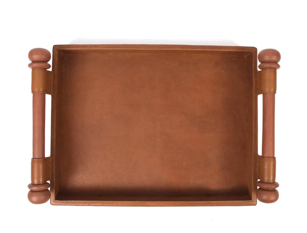 LuxeCraft Leather & Wood Serving Tray - Tan - Aaron Leather Goods