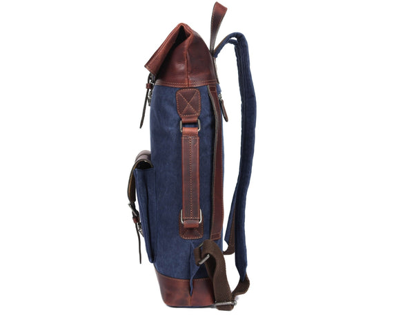 Vintage Blue Canvas & Leather Backpack - Aaron Leather Goods