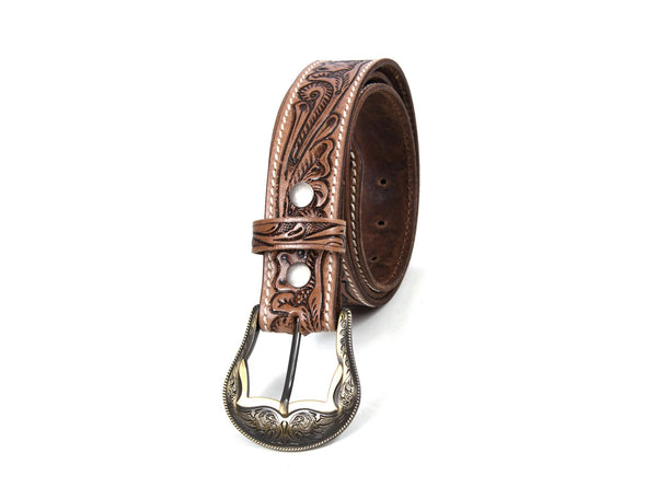 Zynkora Leather Tooled Belt - Brown - Aaron Leather Goods