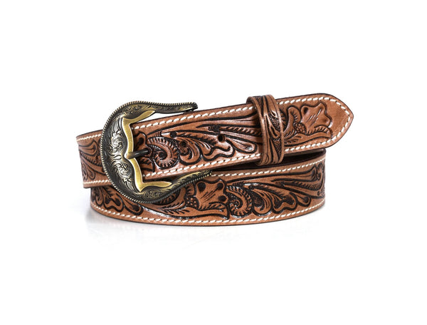 Zynkora Leather Tooled Belt - Brown - Aaron Leather Goods
