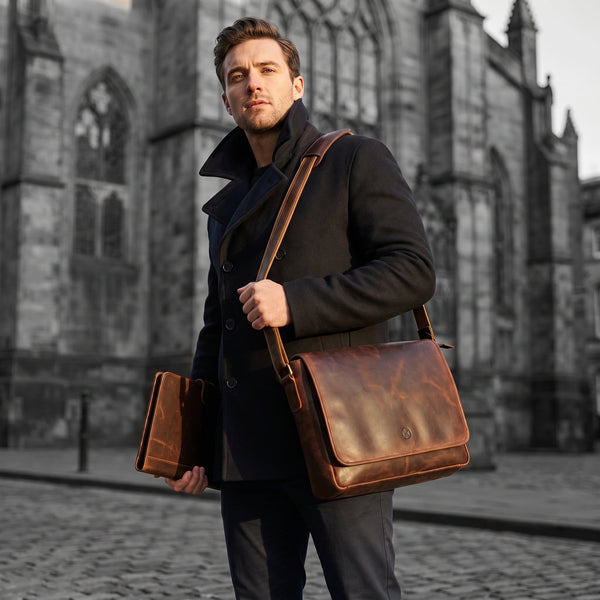 Boulder Leather Messenger Bag & Organizer Combo - Brown - Aaron Leather Goods Inc