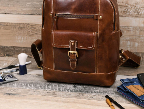 Sagunto Leather Backpack - Walnut Brown - Aaron Leather Goods
