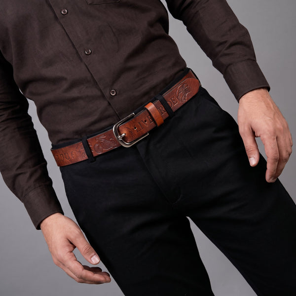 Handcrafted Genuine Leather "Live to Ride" Belt for Men – Vintage Brown Motorcycle Leather Belt with Eagle Embossing & Gift Box - Aaron Leather Goods Inc