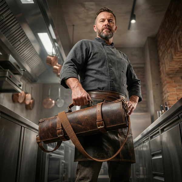 Leather Knife Roll Bag with Handle – Handmade Rustic Chef Knife Roll, - Aaron Leather Goods Inc