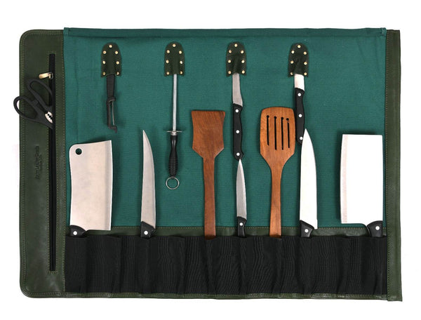 Malaga Canvas Knife Roll - Pine Green - Aaron Leather Goods