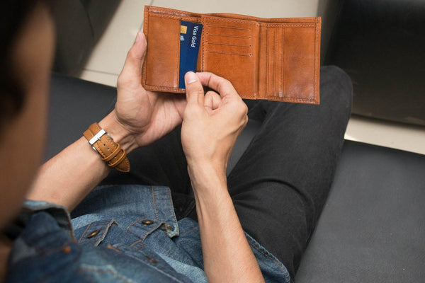 Fremont Leather Tri - fold Mens Wallet - Caramel - Aaron Leather Goods