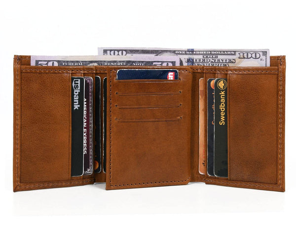 Fremont Leather Tri - fold Mens Wallet - Caramel - Aaron Leather Goods