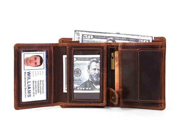 Fremont Leather Tri - fold Mens Wallet - Dark Brown - Aaron Leather Goods