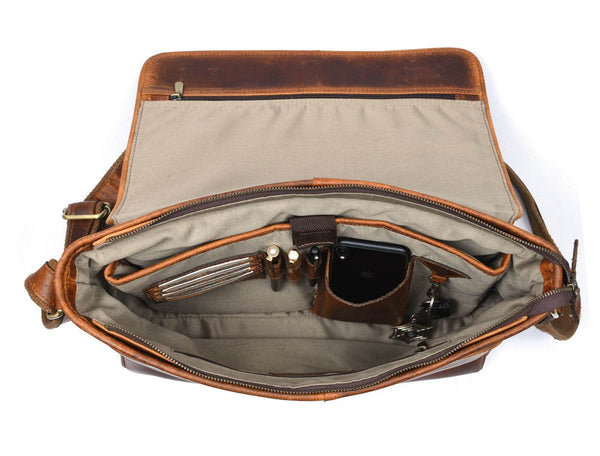 Savona Leather Messenger Bag - Caramel Brown - Aaron Leather Goods