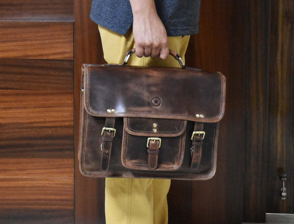 Ancona Leather Office Bag 15" - Dark Brown - Aaron Leather Goods