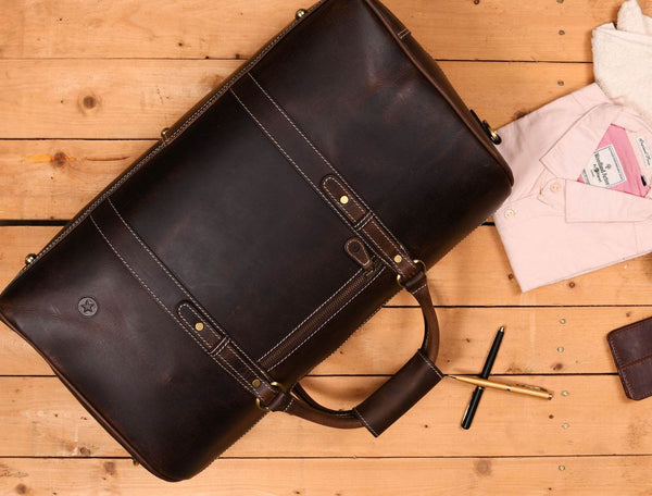 Austin Leather Overnight Bag with Wallet & Toiletry Bag Combo - Dark Brown - Aaron Leather Goods