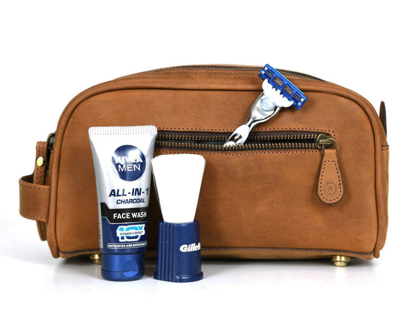 Omaha Leather Toiletry Bag - Tortilla Brown - Aaron Leather Goods