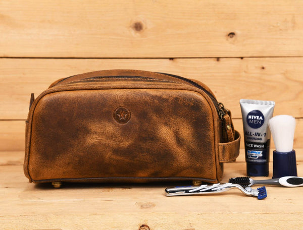 Omaha Leather Toiletry Bag - Penny Brown - Aaron Leather Goods