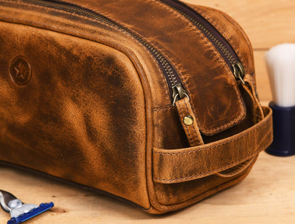 Omaha Leather Toiletry Bag - Penny Brown - Aaron Leather Goods