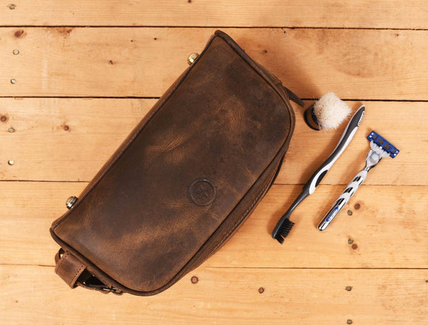 Omaha Leather Toiletry Bag - Brown - Aaron Leather Goods