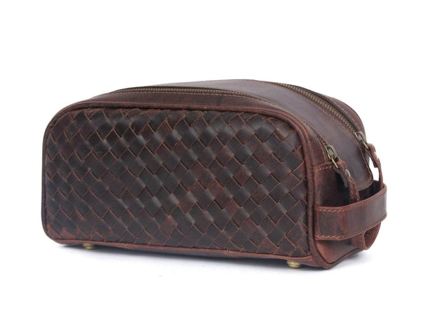 Woven Leather Toiletry Bag – Vintage Brown - Aaron Leather Goods