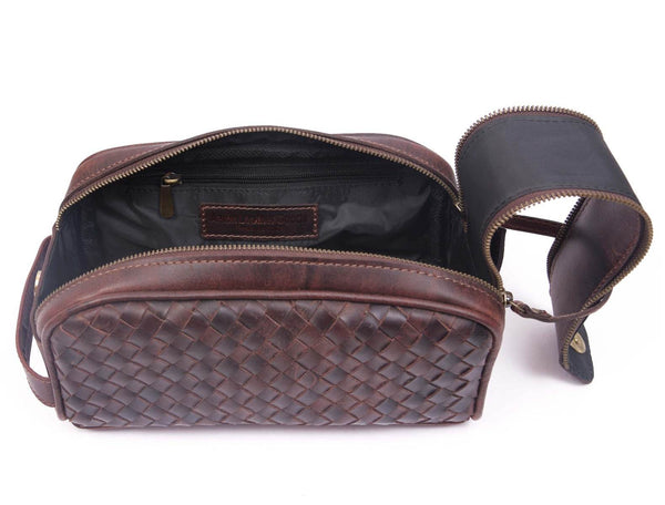 Woven Leather Toiletry Bag – Vintage Brown - Aaron Leather Goods