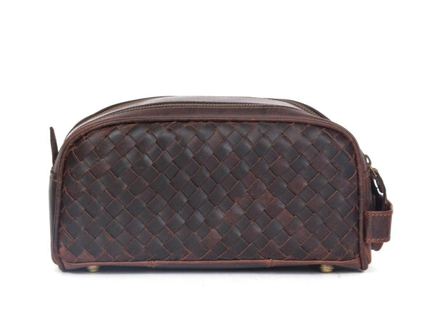 Woven Leather Toiletry Bag – Vintage Brown - Aaron Leather Goods