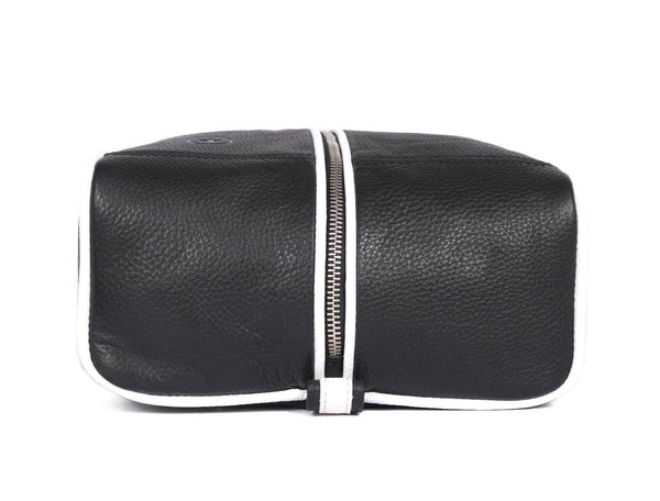 Premium Black Leather Wash Bag with Top Carry Handle - Aaron Leather Goods