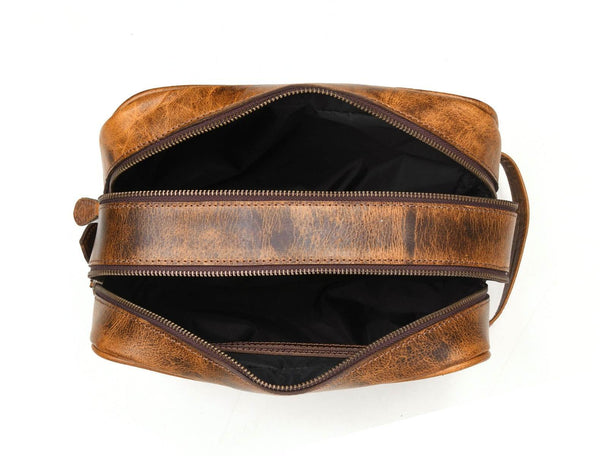 Tampa Leather Toiletry Bag - Caramel - Aaron Leather Goods