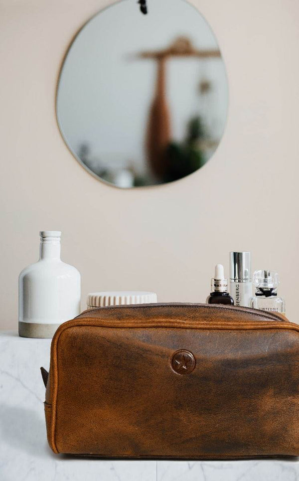 Tampa Leather Toiletry Bag - Caramel - Aaron Leather Goods