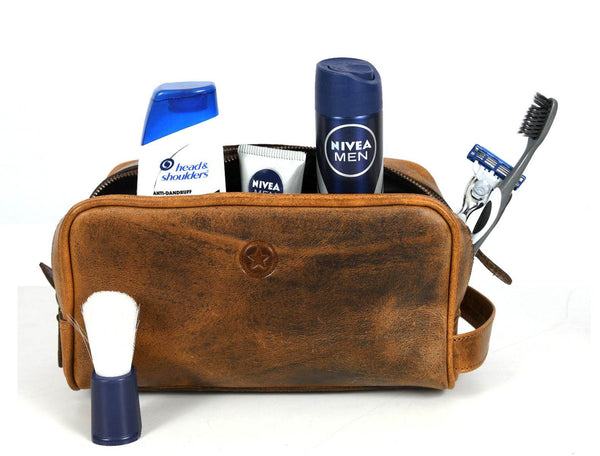 Tampa Leather Toiletry Bag - Caramel - Aaron Leather Goods