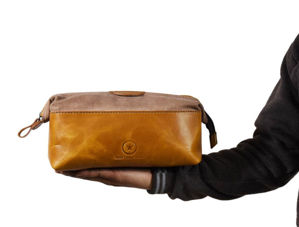 Valencia Canvas Leather Toiletry Bag - Caramel Brown - Aaron Leather Goods