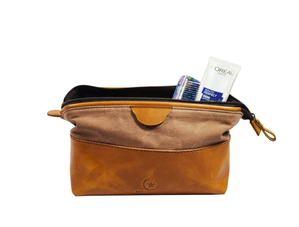 Valencia Canvas Leather Toiletry Bag - Caramel Brown - Aaron Leather Goods
