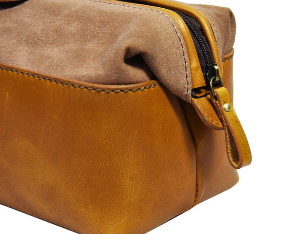 Valencia Canvas Leather Toiletry Bag - Caramel Brown - Aaron Leather Goods
