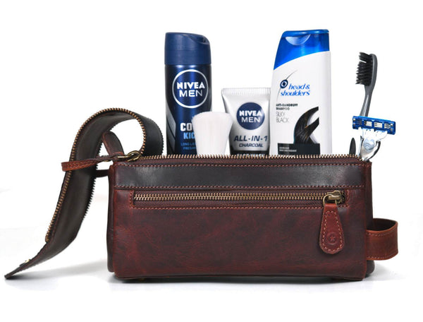 Arousa Leather Toiletry Bag - Walnut Brown - Aaron Leather Goods
