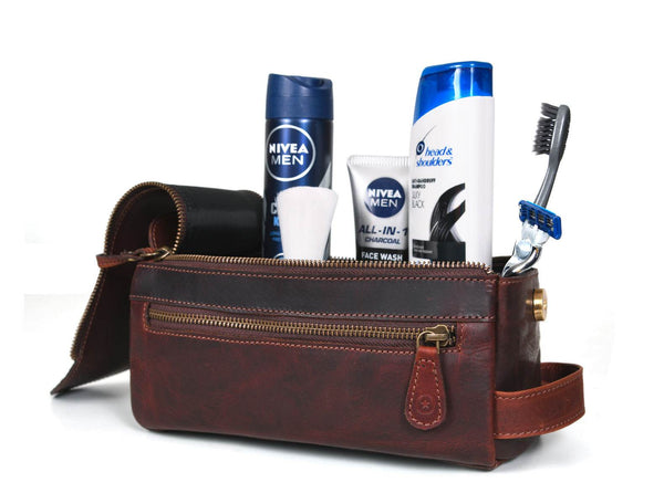 Arousa Leather Toiletry Bag - Walnut Brown - Aaron Leather Goods