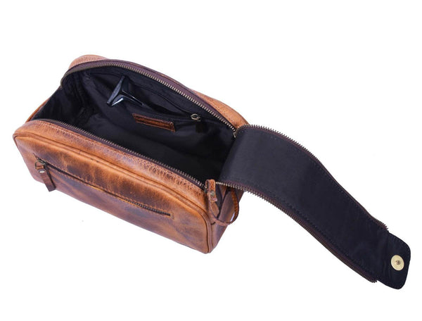 Omaha Leather Toiletry Bag - Caramel Brown - Aaron Leather Goods