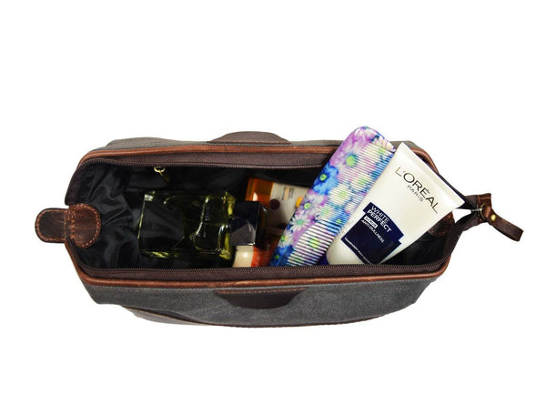 Valencia Canvas Leather Toiletry Bag - Vintage Brown - Aaron Leather Goods