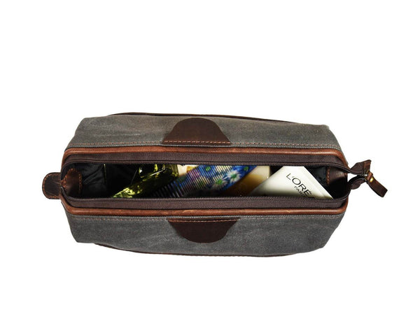 Valencia Canvas Leather Toiletry Bag - Vintage Brown - Aaron Leather Goods