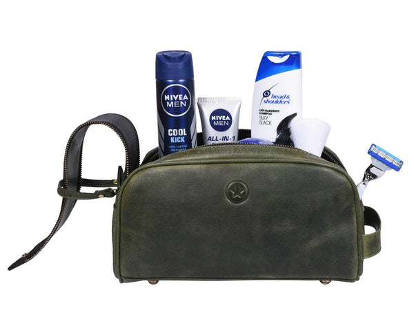 Omaha Leather Toiletry Bag - Seaweed Green - Aaron Leather Goods