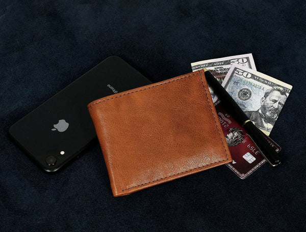 Montilla Leather Bifold Mens Wallet - Caramel Brown - Aaron Leather Goods