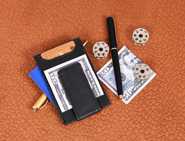 Sestao Leather Minimalist Money Clip Wallet - Raven Black - Aaron Leather Goods