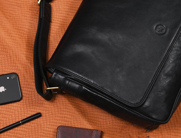 Savona Leather Messenger Bag - Raven Black - Aaron Leather Goods