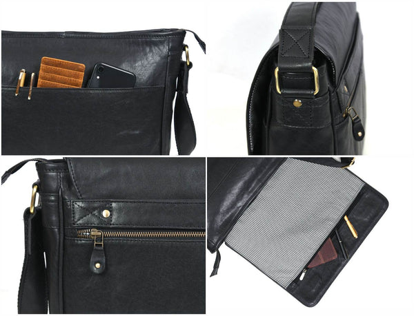 Savona Leather Messenger Bag - Raven Black - Aaron Leather Goods