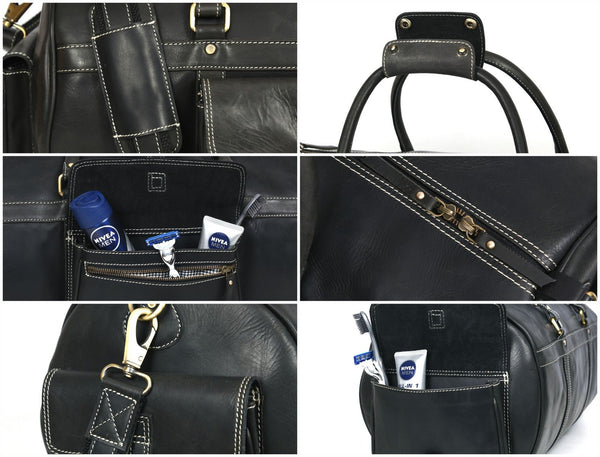 Pamplona Leather Duffle bag - Raven Black - Aaron Leather Goods Inc