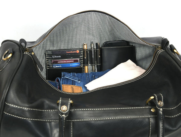 Pamplona Leather Duffle bag - Raven Black - Aaron Leather Goods Inc